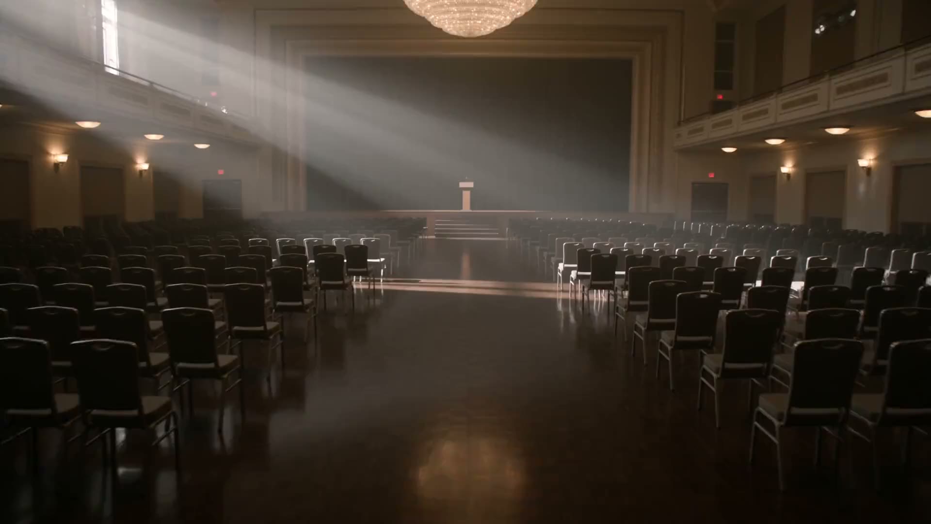 An empty ballroom before a session, rows of chairs facing a lit stage with a lectern